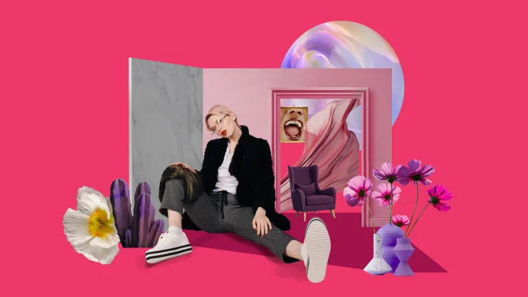 A collage of various items on a bright pink background. A white woman with short blonde hair sitting down on the floor with one knee up. She's wearing a white shirt with a black jacket, gray pants and white sneakers. To her left are a purple plant and white flower with a lightbulb at its coure. To her right are a dark purple vase with pink flowers, along with two empty vases. A standalone wall is behind her, which has a door frame with flowy curtains, black arm chair and framed picture of another woman's mouth with tongue sticking out. 