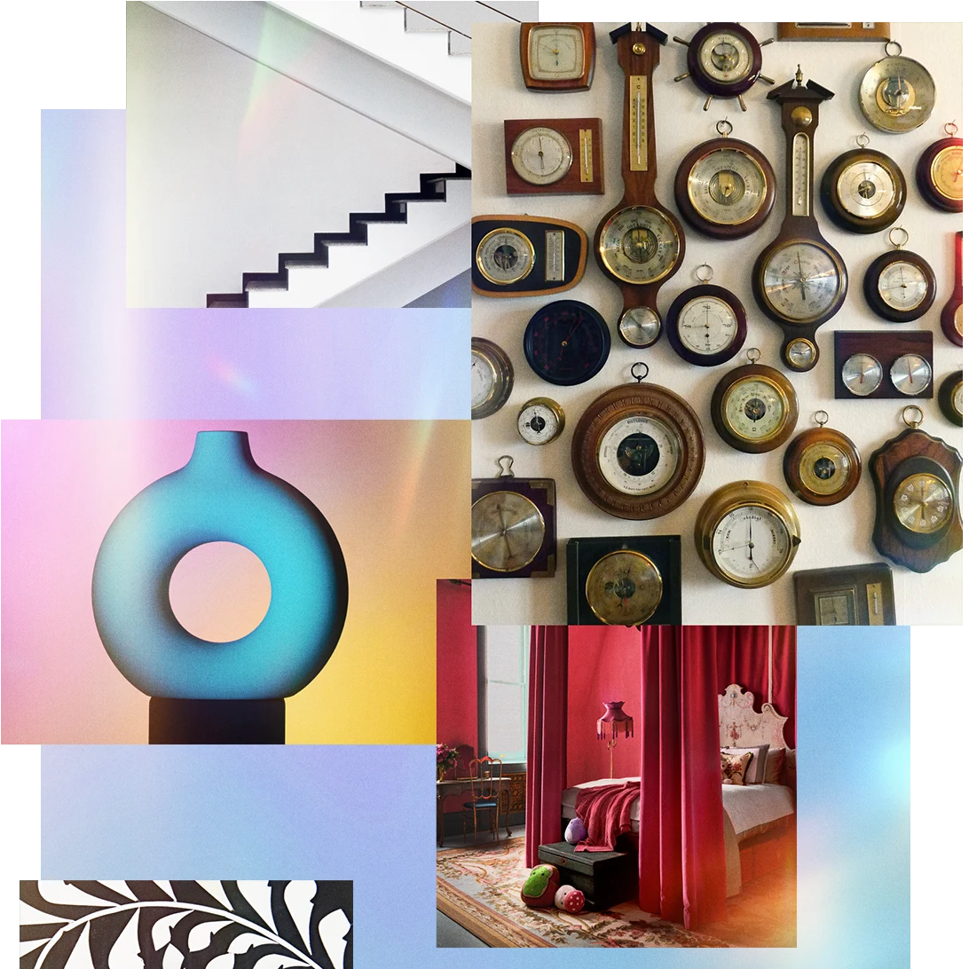 Un mix artistico di immagini raffiguranti un vaso, una parete con molti orologi, tendaggi a effetto intorno al letto, una scala minimalista e piastrelle eccentriche.
