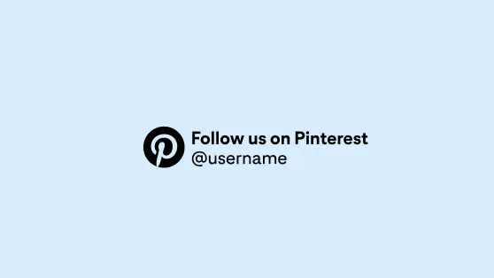 CTA của Pinterest màu xanh lam nhạt nằm trong hình tròn màu đen, được căn trái và có tên tài khoản mẫu nằm trên nền màu lam nhạt