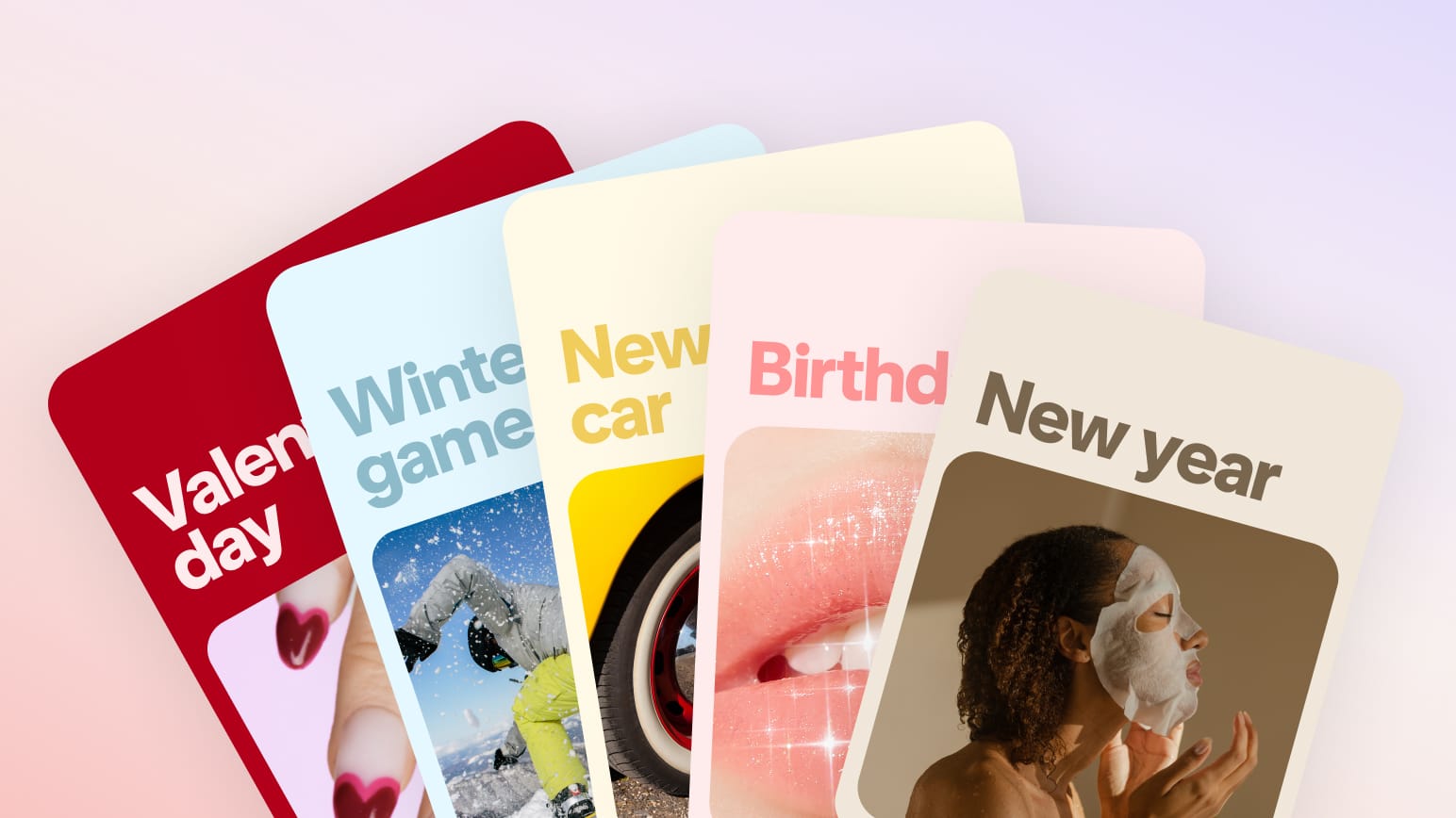 Five overlapping cards showcasing seasonal planning opportunities on Pinterest