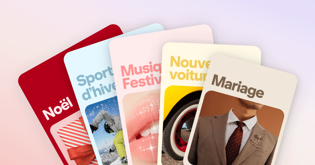 Cinq cartes se chevauchant et présentant chacune des opportunités de planification de contenus saisonniers sur Pinterest : Noël, les sports d’hiver, un festival de musique, une nouvelle voiture et un mariage.
