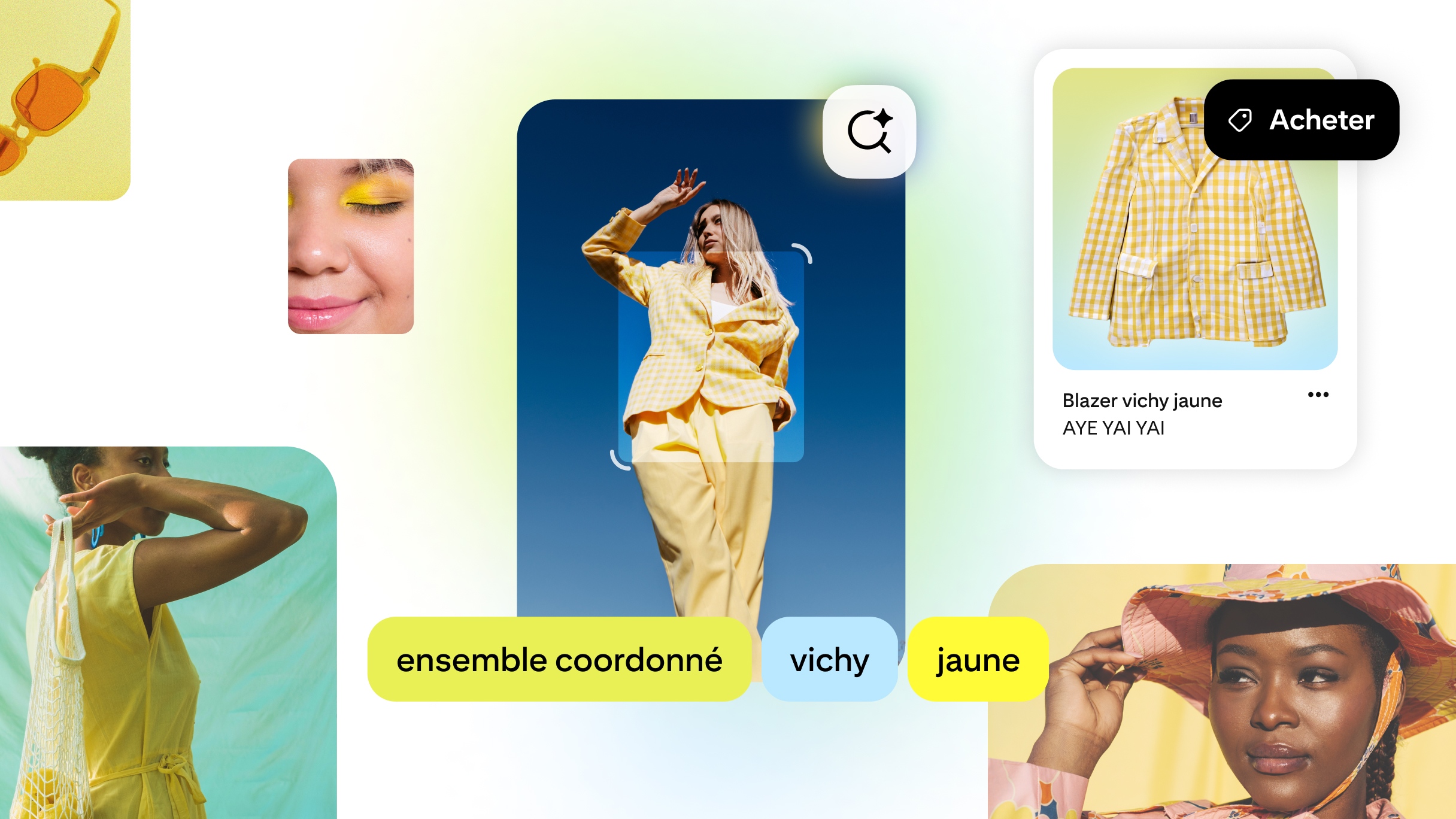Interface de Pinterest illustrant la recherche visuelle alimentée par l’IA. Une femme dans un ensemble coordonné vichy jaune est scannée, avec les identifications “ensemble coordonné”, “vichy” et “jaune” et une fiche produit pour un blazer vichy jaune.