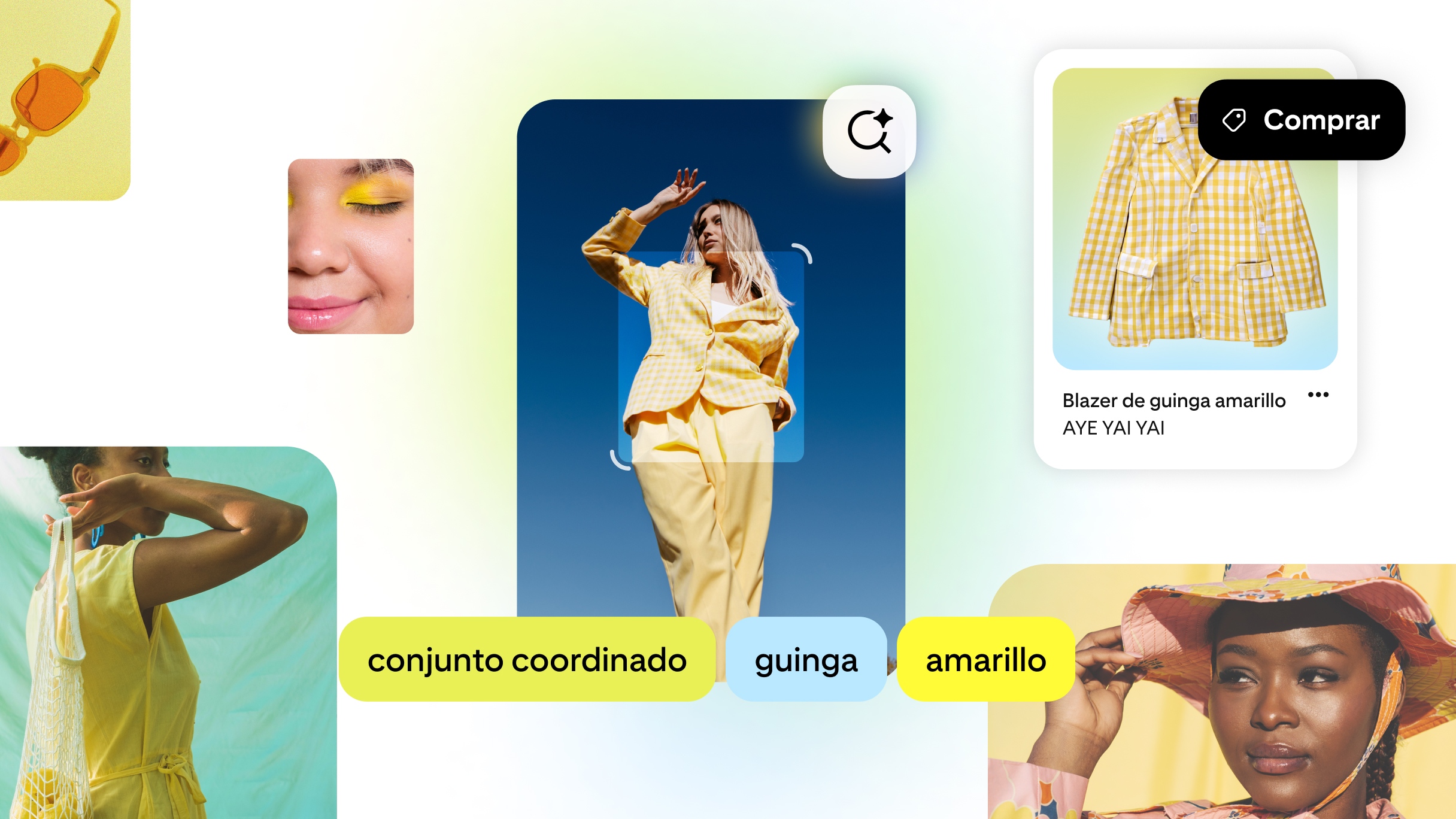 Interfaz de Pinterest que muestra la búsqueda visual impulsada por IA. Se escanea a una mujer con un conjunto de guinga amarillo, con las etiquetas “conjunto coordinado”, “guinga” y “amarillo”, y un resultado para comprar un blazer de guinga amarillo.