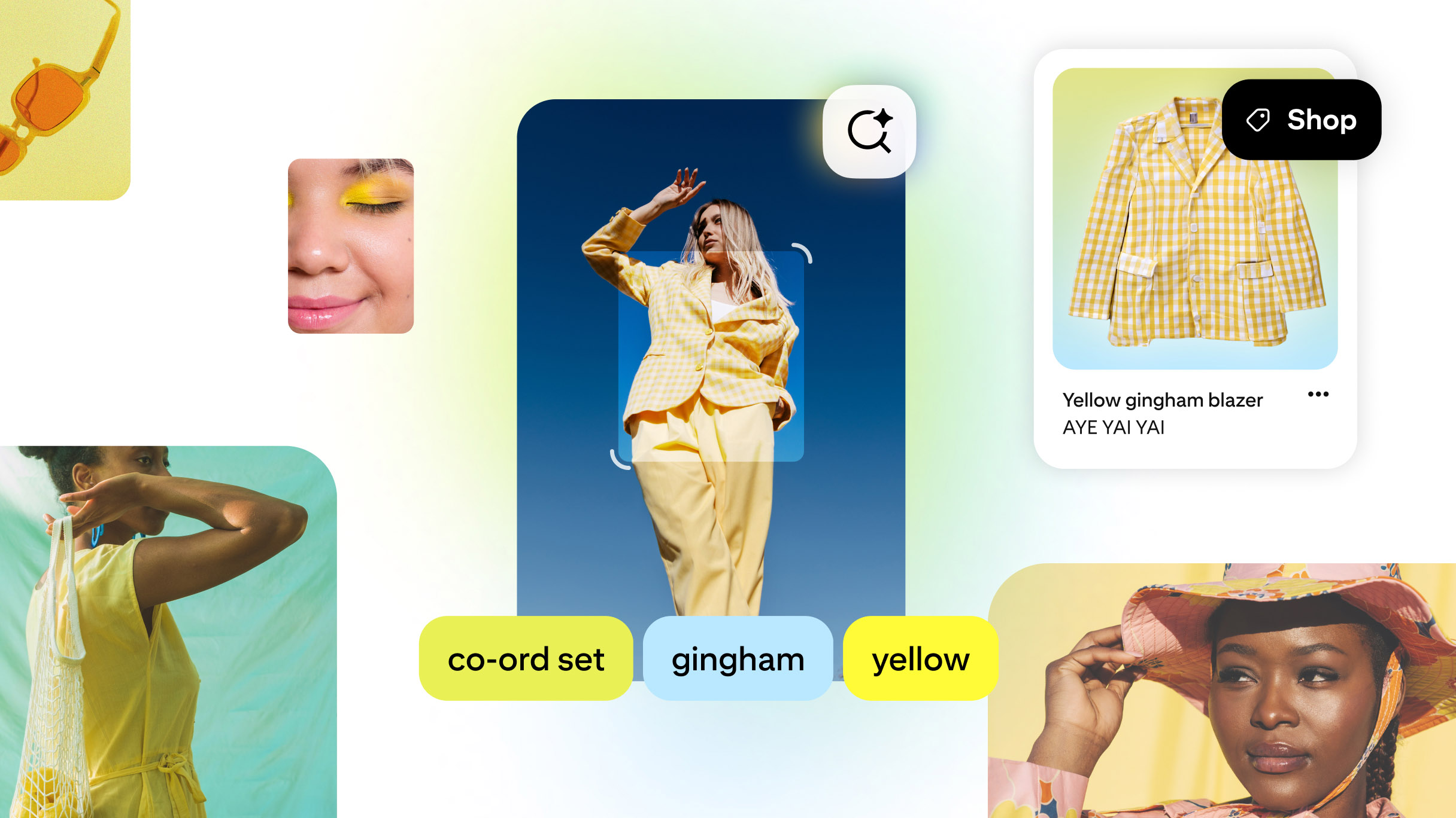 Pinterest UI representing AI-powered visual search. A woman in a yellow gingham co-ord set is scanned, surfacing search tags "co-ord set," "gingham," and "yellow," plus a shoppable result for a yellow gingham blazer.