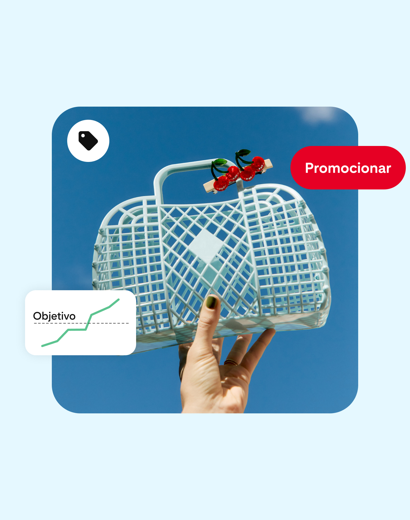 Una mano sostiene un bolso apuntando hacia el cielo. Está acompañada de un ícono con un etiqueta de compra, un botón “Promocionar” y un gráfico de líneas con el nombre “Metas”.