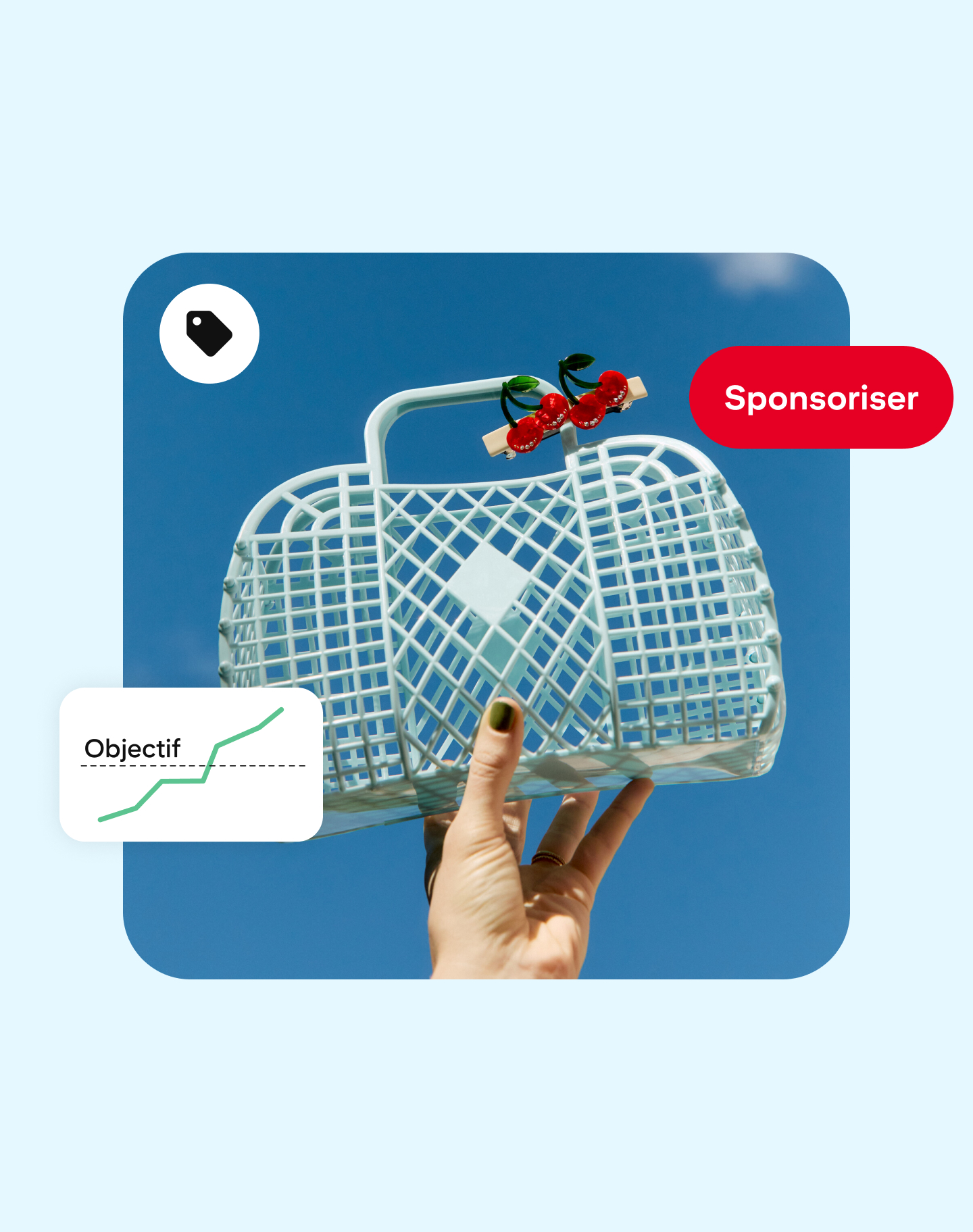 Une main tient un sac à main, avec le ciel en arrière-plan. À côté apparaissent une icône représentant une balise d’achat, un bouton « Promouvoir » et un graphe linéaire intitulé « Objectifs ».