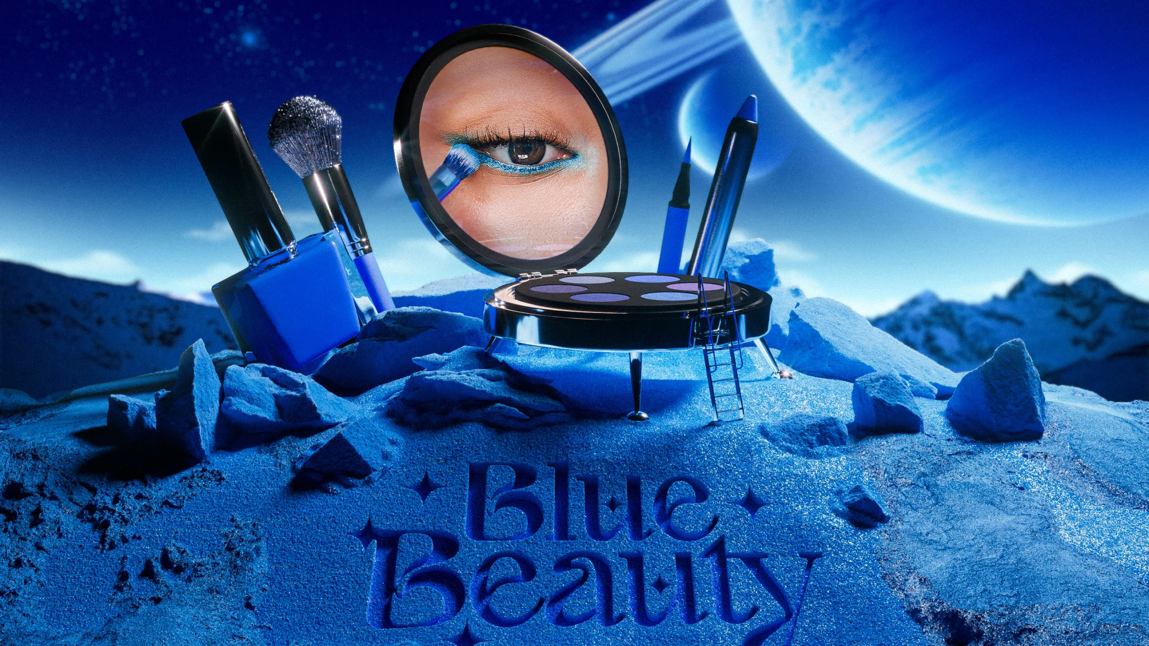Galactic scene with oversize makeup products including a compact mirror inset with a closeup of an eye with blue eyeliner. “Blue beauty” is etched into the foreground, which is made out of crushed blue makeup. 