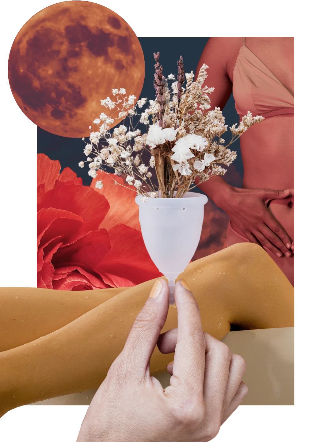 Colourful collage in shades of red. A white hand holds a menstrual cup containing a baby’s breath plant. A glowing red moon is on the upper left-hand side, with a red rose underneath and the night sky in the background. White legs are lounging out of the side of a bath at the front and a Black woman has her hands in a triangle over her stomach on the right.
