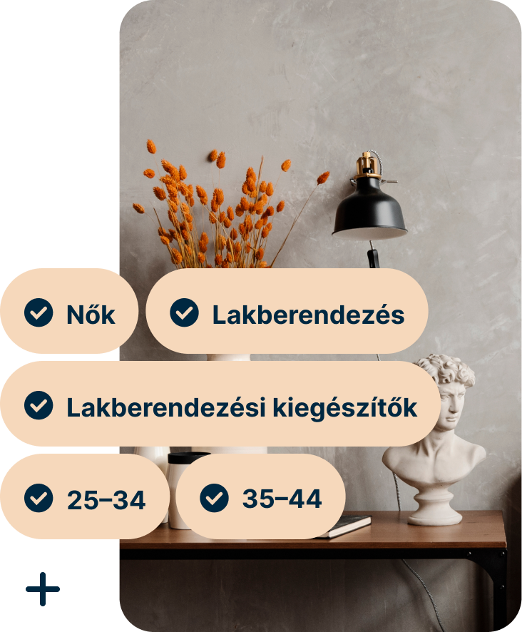 A Pin showing a desk with a vase of orange flowers, a black lamp and a bust of Michelangelo’s David with the search terms Women, Home decor, Home accessories, 25 to 34 and 35 to 44