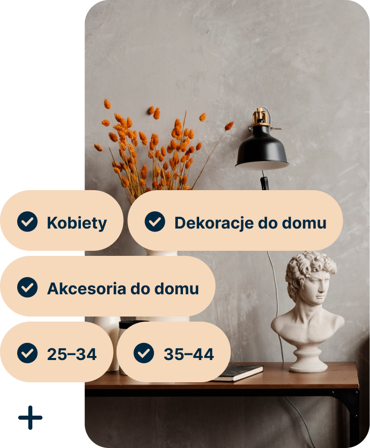 A Pin showing a desk with a vase of orange flowers, a black lamp and a bust of Michelangelo’s David with the search terms Women, Home decor, Home accessories, 25 to 34 and 35 to 44