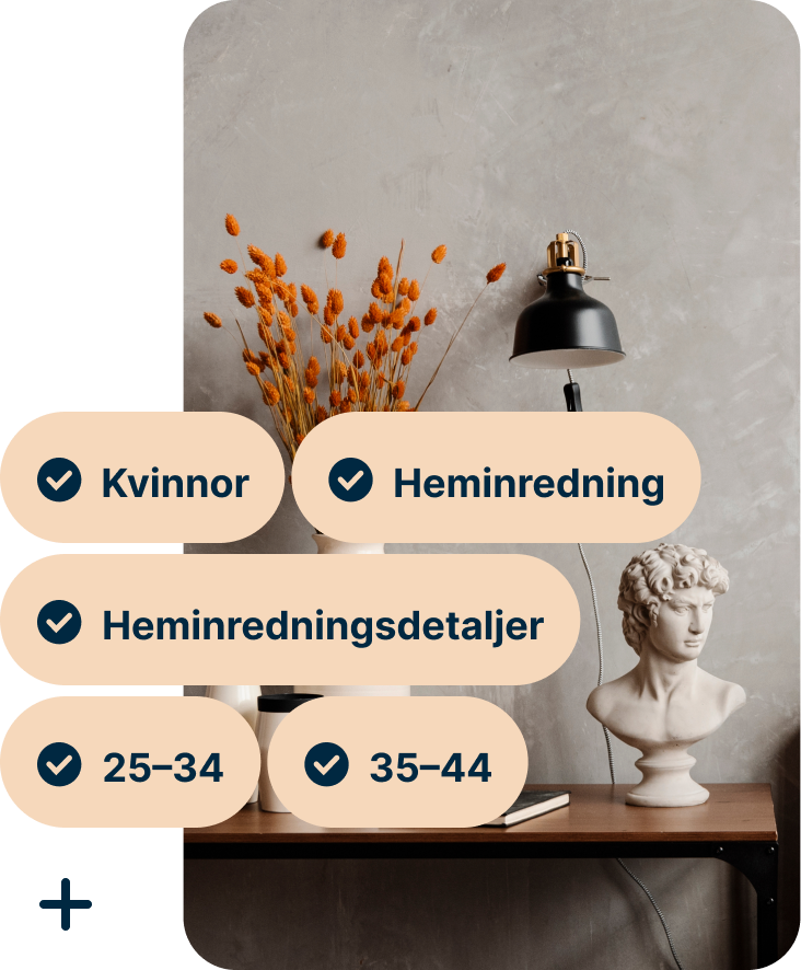 A Pin showing a desk with a vase of orange flowers, a black lamp and a bust of Michelangelo’s David with the search terms Women, Home decor, Home accessories, 25 to 34 and 35 to 44