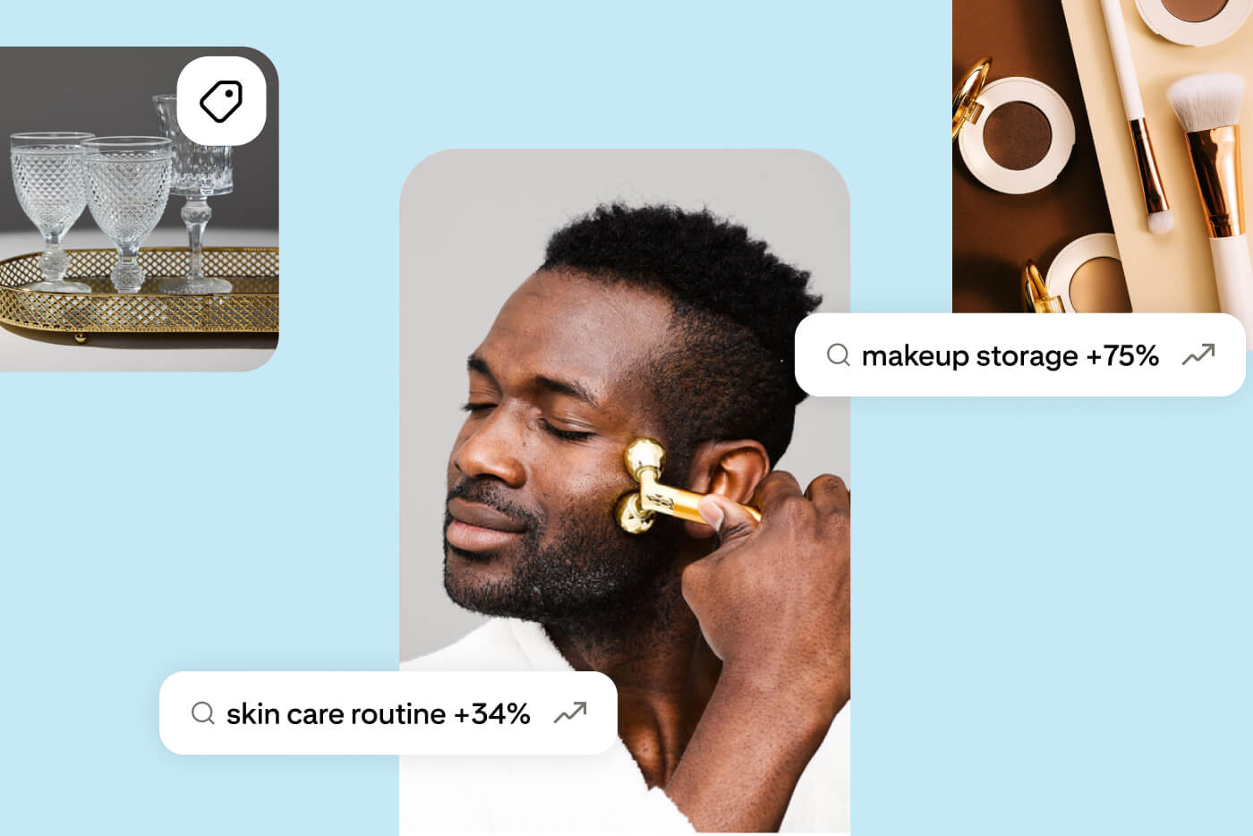 Images and text showing searches are increasing for drinkware sets, skin-care tools and cosmetic sets.