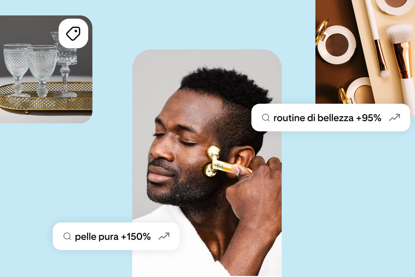 Le immagini e i testi che mostrano che le ricerche di bevande, strumenti per la cura della pelle e set cosmetici sono in aumento.