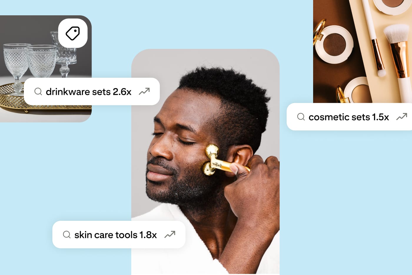 Images and text showing searches are increasing for drinkware sets, skin care tools and cosmetic sets.