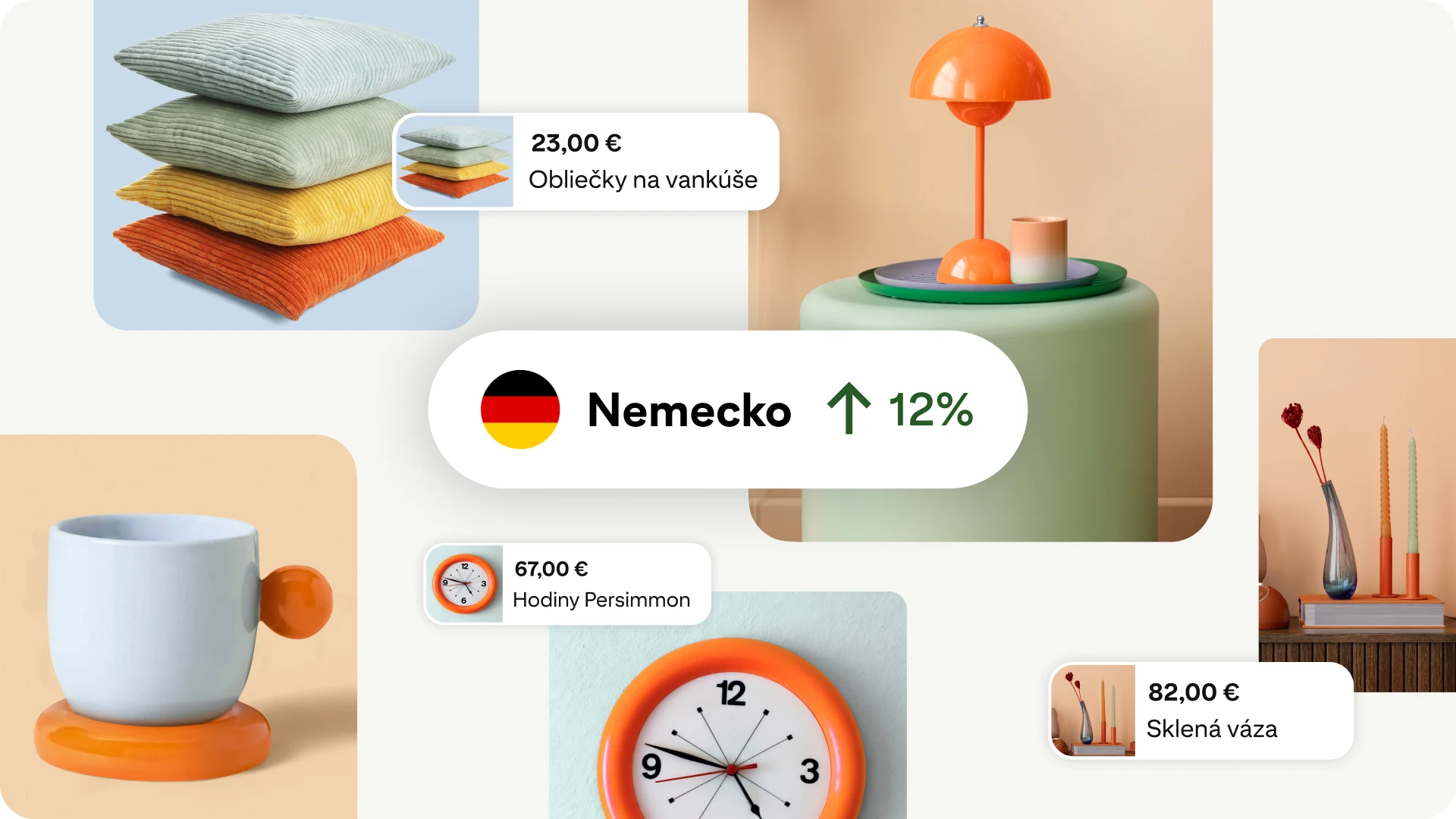 Koláž bytových dekorácií s policami, lampami a textíliami prekrytá metrikou výkonnosti 12 % nárastu v Nemecku