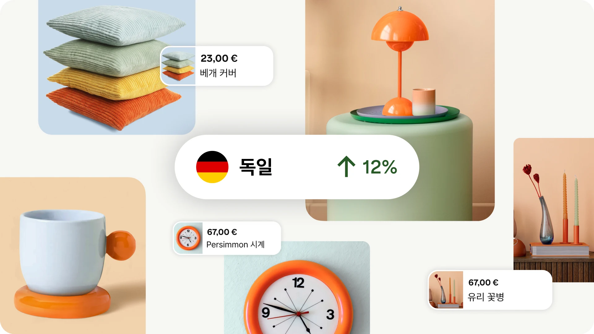선반, 스탠드 조명, 텍스타일이 포함된 집안 꾸미기 콜라주에 독일의 성과 지표 12% 상승 관련 정보가 오버레이된 이미지