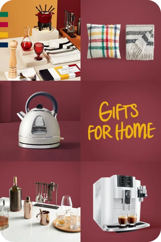 Several boxes displaying gift ideas for the home, including barware, an espresso machine, electrical kettle, throw pillows and a mix of trendy tableware.