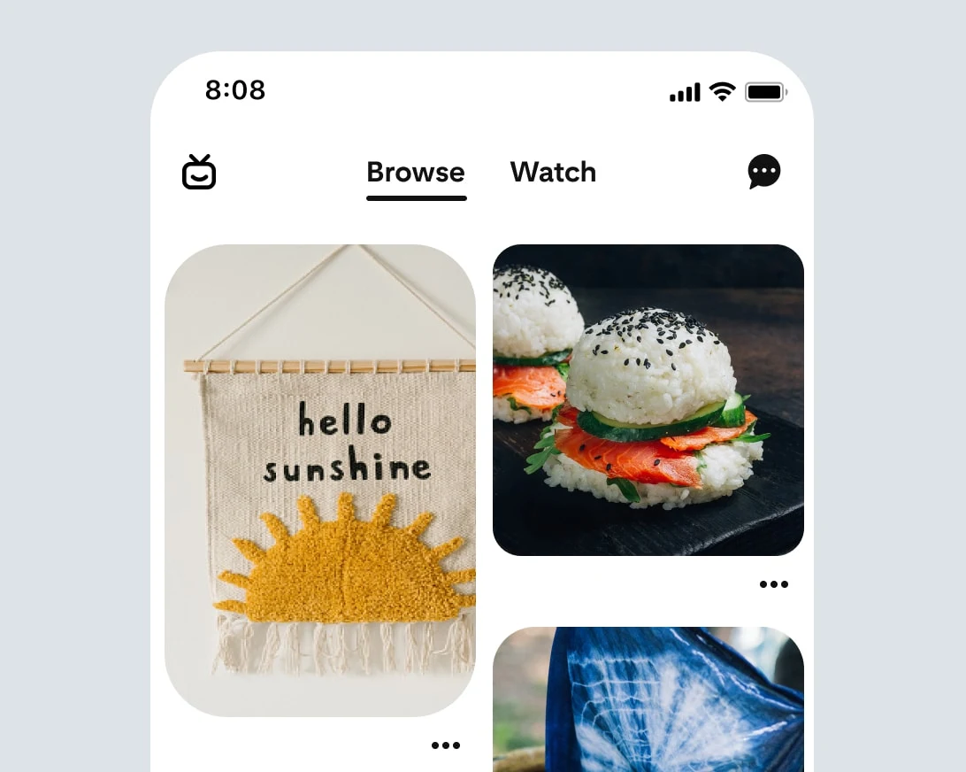  A mobile app view of a Pinterest home feed featuring cooking and home decor content.