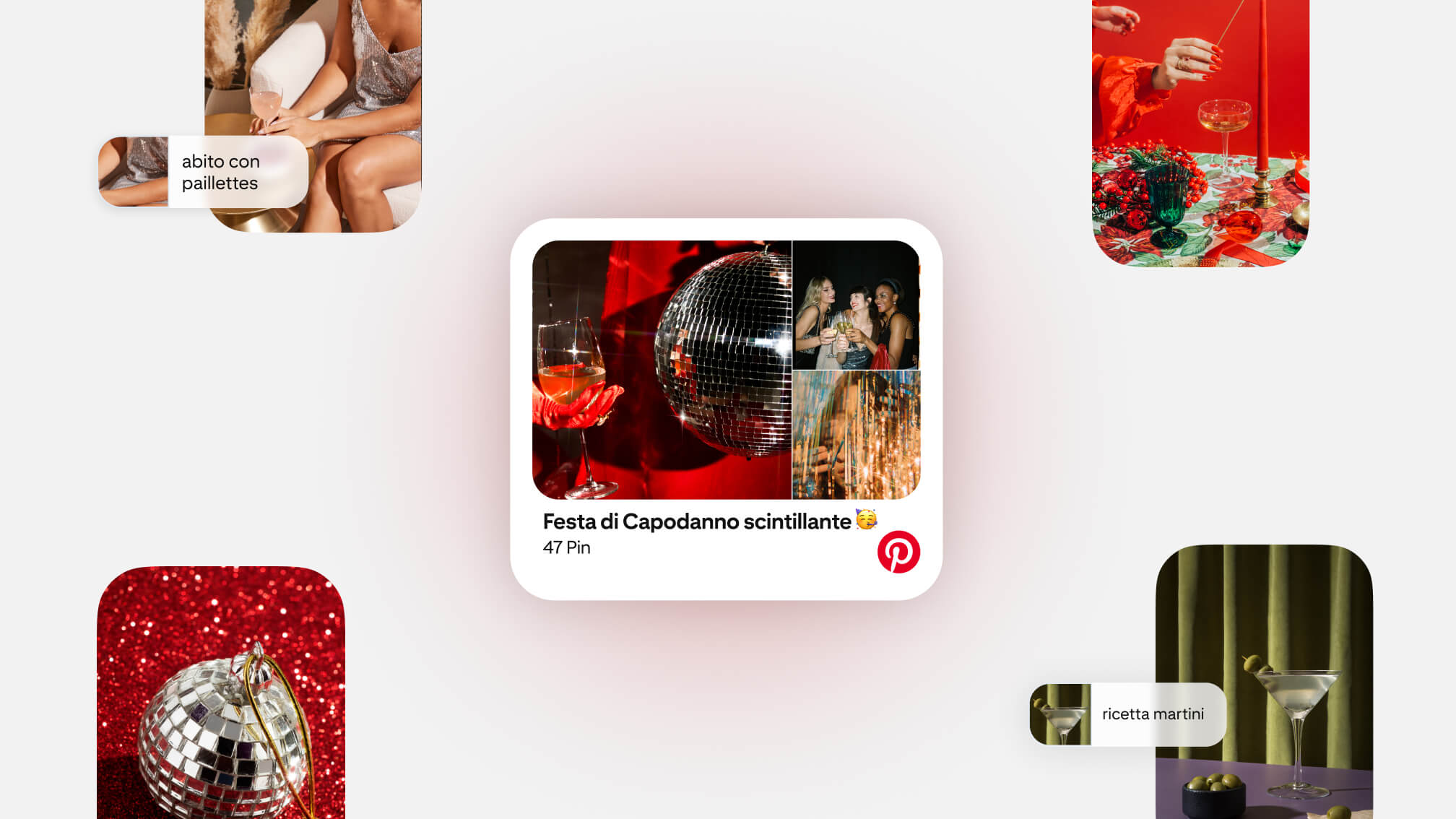 Collage di Capodanno con un abito di paillettes, una palla da discoteca, una ricetta per il Martini e idee per una festa.