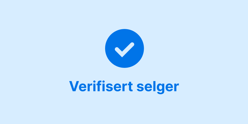 Mørkeblå hake og ordene "Verifisert selger" sentrert på lyseblå bakgrunn. 