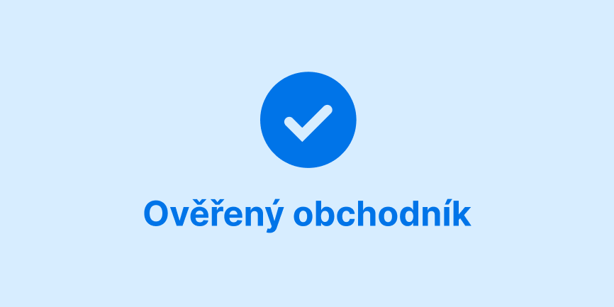 Tmavomodrý symbol zaškrtnutí a slova „Verified merchant“ uprostřed světlemodrého pozadí. 