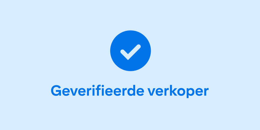Een donkerblauw vinkje en de woorden 'Geverifieerde verkoper' op een lichtblauwe achtergrond. 