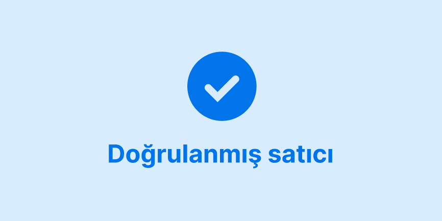 Açık mavi bir arka plan üzerinde ortalanmış koyu mavi onay işareti ve "Doğrulanmış satıcı" sözcükleri. 