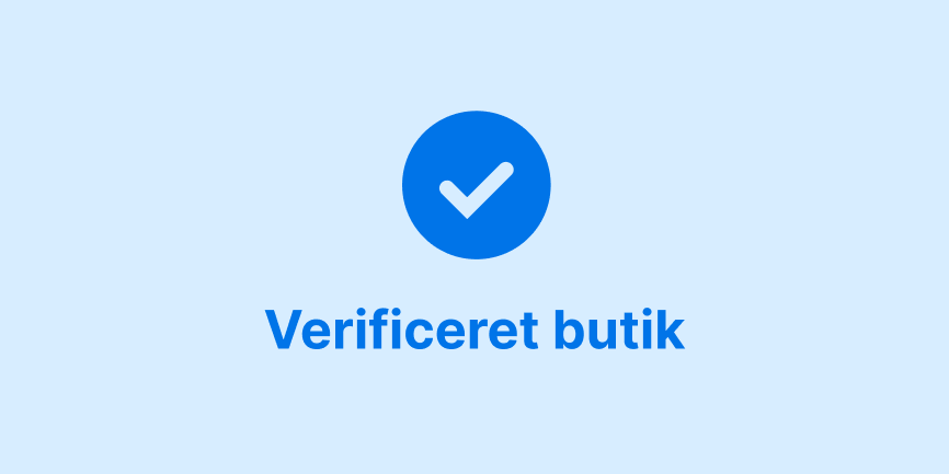 Et flueben og ordene "Verificeret butik" – begge i mørkeblåt – er centreret på en lyseblå baggrund. 