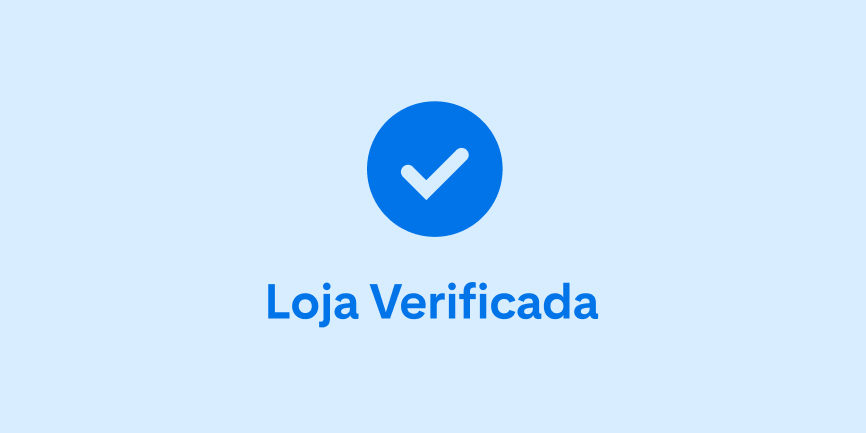 Marca de verificação em azul-escuro e as palavras "Loja Verificada" centralizadas sobre um fundo azul-claro. 
