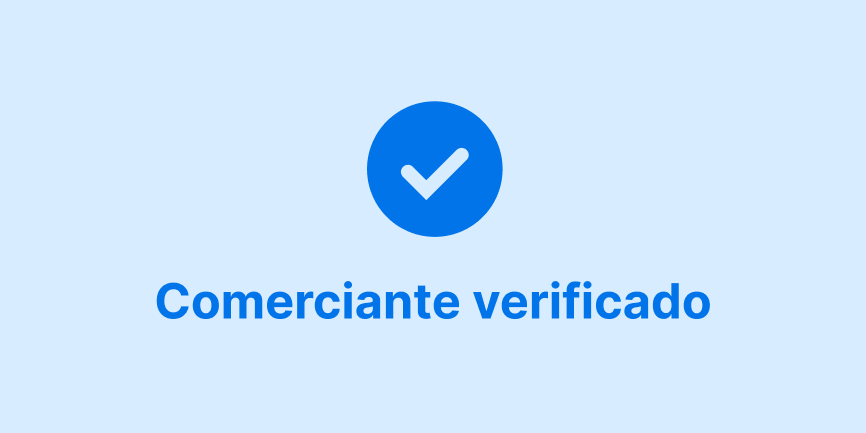 Marca de verificação e as palavras "Comerciante verificado" a azul escuro centrado num fundo azul claro. 