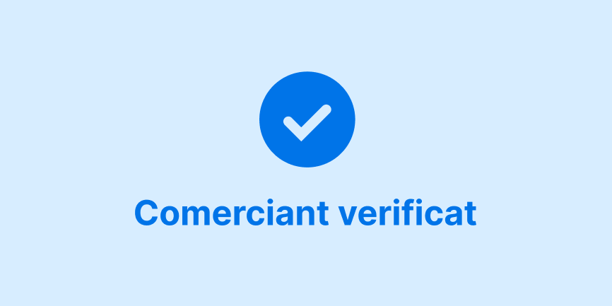 Bifă albastru închis și cuvintele „Verified merchant” („Comerciant verificat”), totul centrat pe un fond albastru deschis. 
