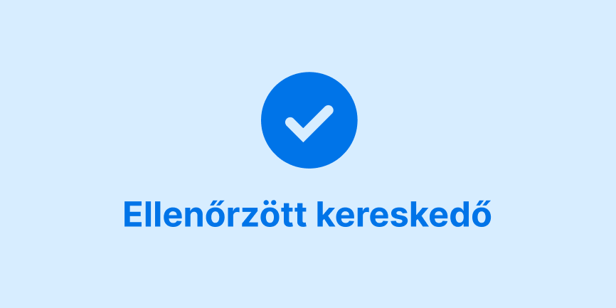 Sötétkék pipa és „Ellenőrzött kereskedő” felirat egy világoskék háttér közepén. 