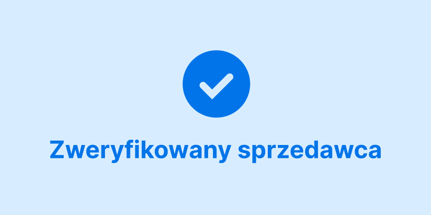 Ciemnoniebieski znacznik wyboru i słowa „Zweryfikowany sprzedawca” wyśrodkowane na jasnoniebieskim tle. 