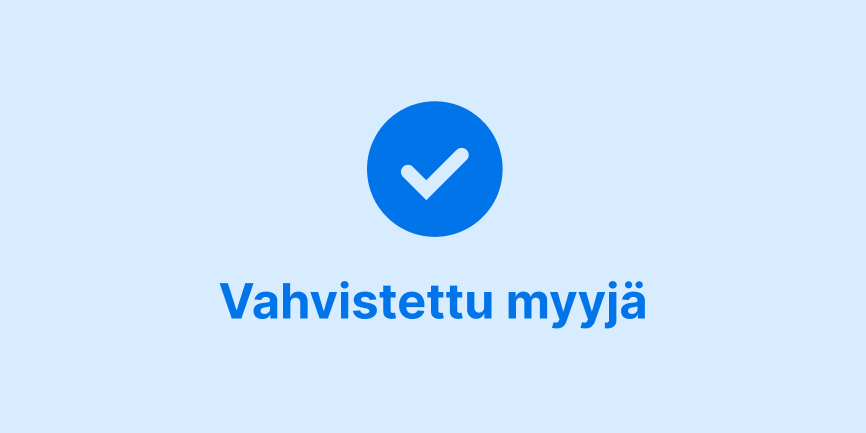 Tummansininen valintamerkki ja sanat "Vahvistettu myyjä" keskitettynä vaaleansiniselle taustalle. 