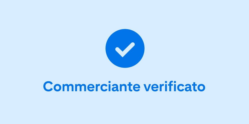 Segno di spunta blu scuro accompagnato dalla dicitura "Commerciante verificato" al centro di uno sfondo azzurro. 