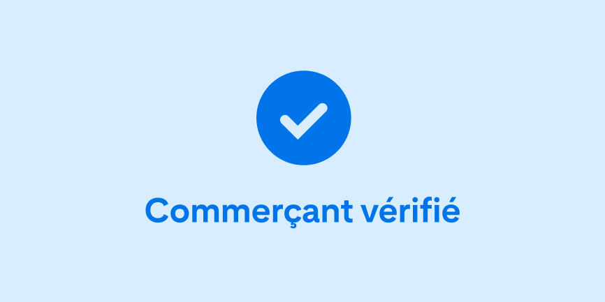 Une coche bleu foncé et les mots « Commerçant vérifié » au centre d’un fond bleu clair. 