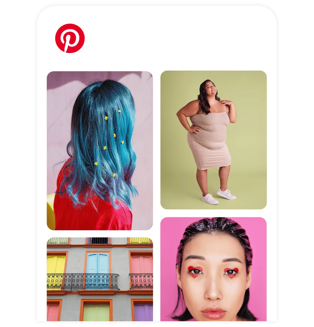A grid of Pins on Pinterest representing different hairstyles, makeup looks and body types