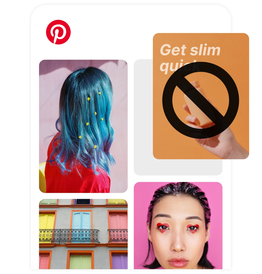 Pinterest home feed, featuring a variety of Pins including a diet-focused one that's marked with a bolded "No" symbol.
