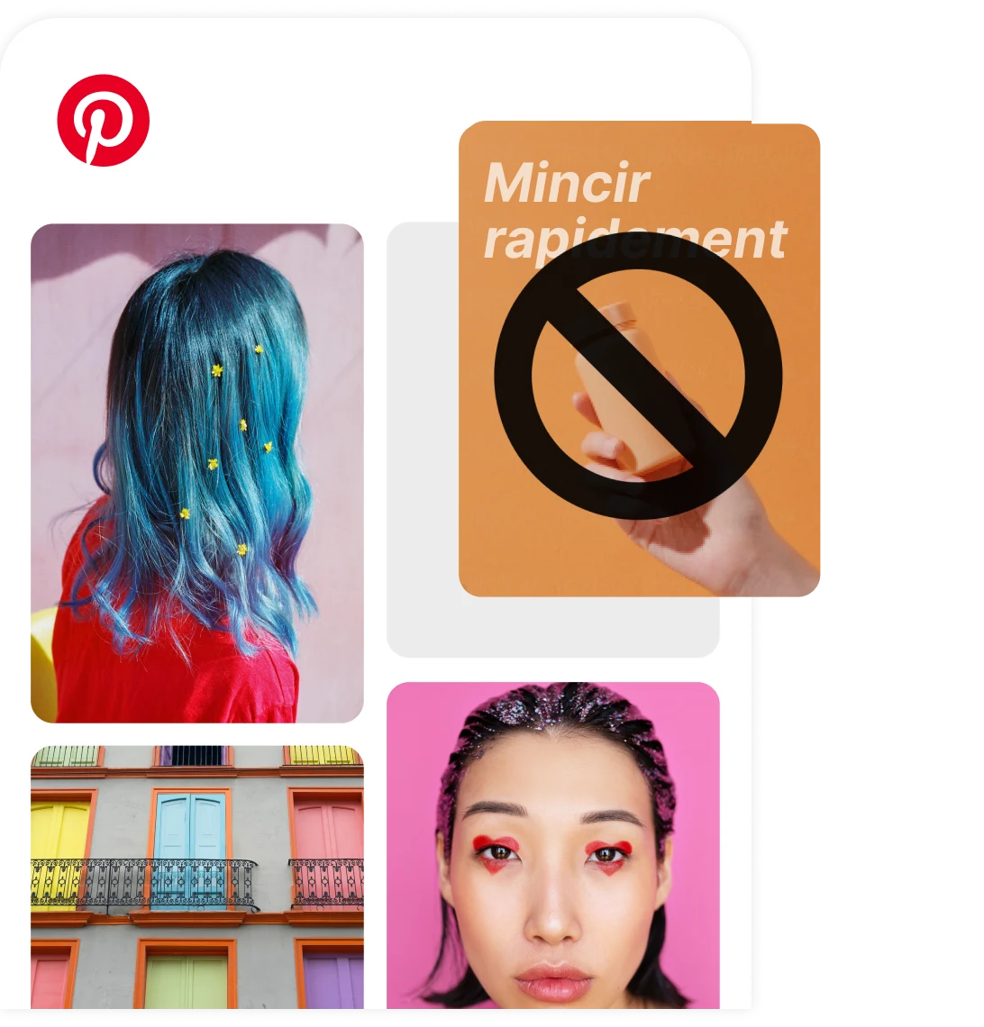 Une page d’accueil Pinterest avec plusieurs Épingles dont une mentionnant un régime marqué d’un symbole d’accès interdit.
