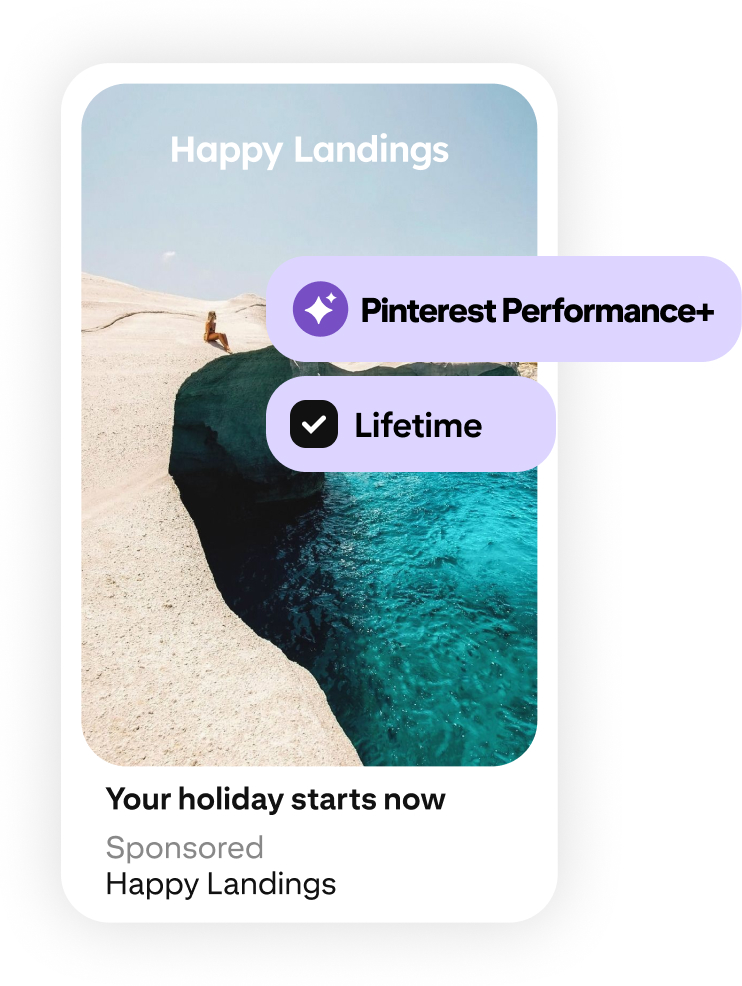 A travel ad features an image of a rocky coastline with crystal-clear blue water under a sunny sky