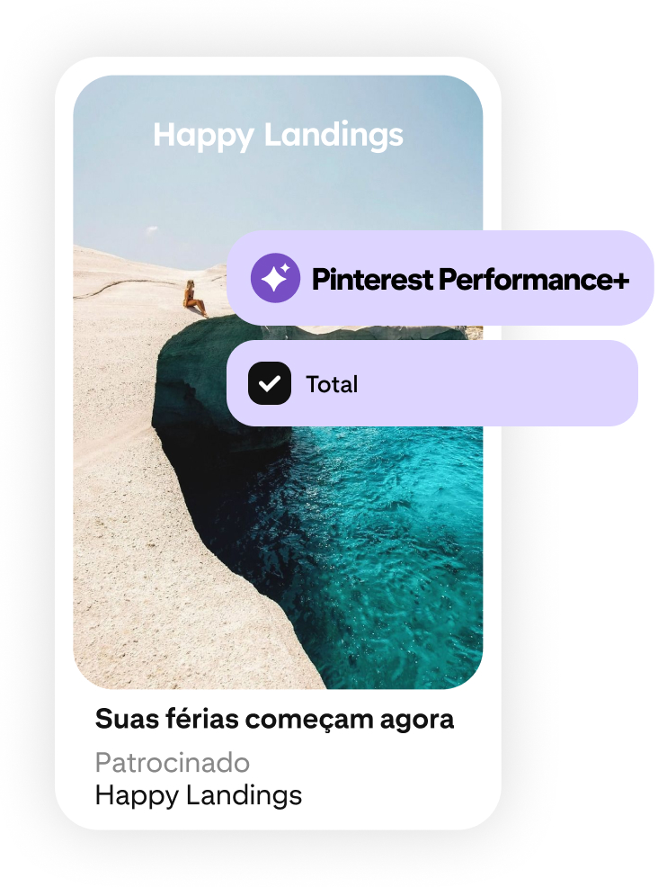 Um anúncio de viagem mostra a imagem de uma praia com água azul cristalina sob um céu ensolarado