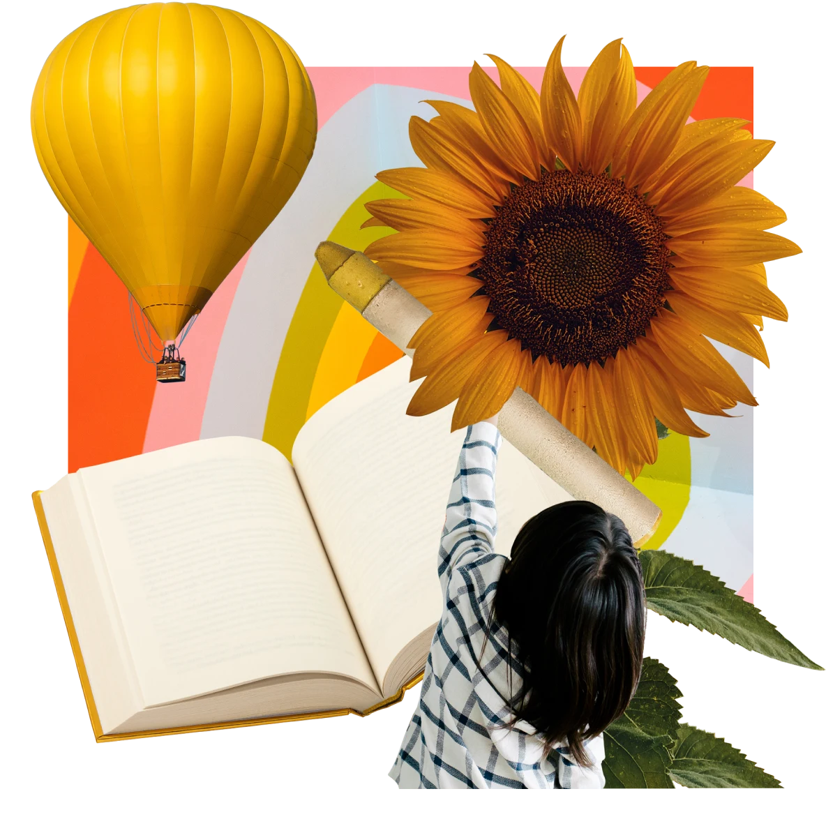 Open book at center. Child reaches up for a marker and sunflower. Yellow hot air balloon on left against a rainbow background.