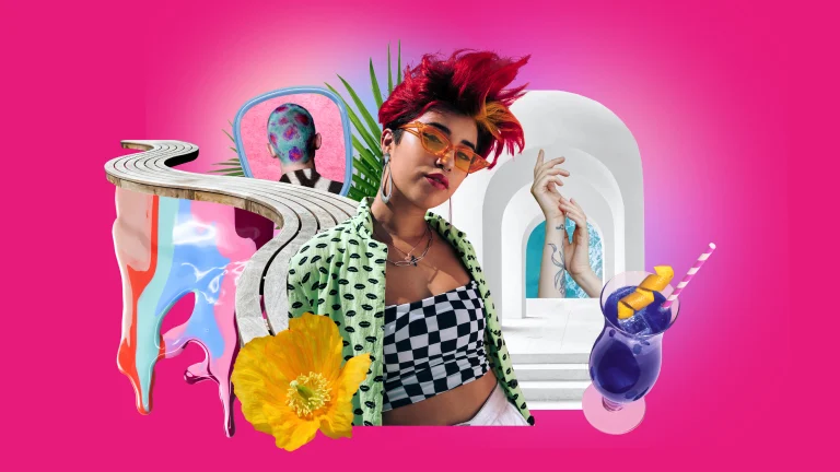 Collage of colorful images over a bright pink background. Images include an Asian woman sporting an edgy red haircut, a purple mixed drink, a man with leopard print hair and some funky architecture. 