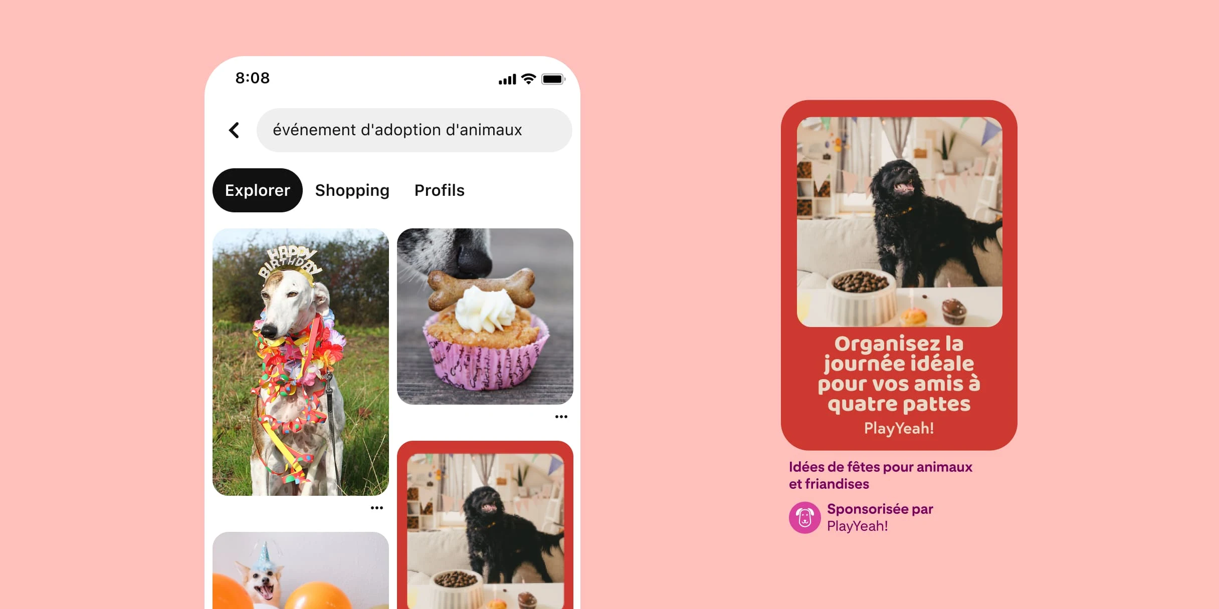 Résultats de recherche Pinterest pour Événement d'adoption d'animaux. Lévrier avec des rubans orange et jaunes. Truffe d'un chien qui renifle un cupcake surmonté d'une friandise pour chien. Chien sable et blanc entouré de ballons orange, blancs et dorés. Chien noir à une fête en intérieur. Épingle montrant un chien noir à une fête en intérieur avec un bol de croquettes et des cupcakes. Le texte dit : Organisez la journée idéale pour vos amis à quatre pattes. La description dit : Idées de fêtes pour animaux et friandises.