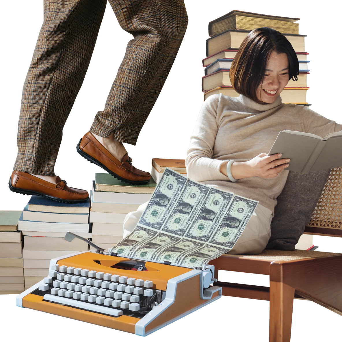 Collage of finance-themed items. East Asian woman dressed in tan on the right smiles and reads a notebook. Legs in plaid pants take steps up stacks of books on the right. Orange typewriter with white keys in the foreground prints sheets of dollar bills.