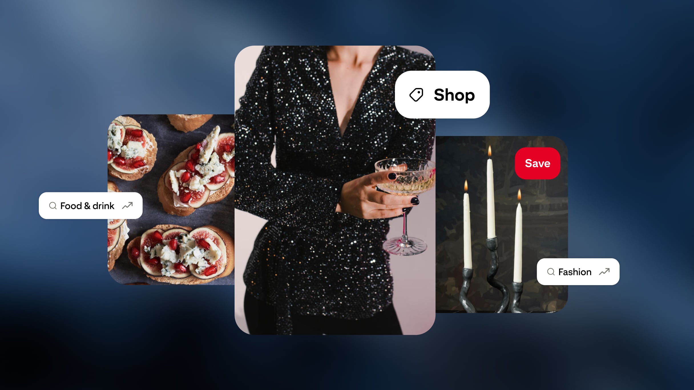 Images of a woman in a black sparkly outfit, three candles, and hors d'oeuvres, along with shop and save buttons and example search categories.