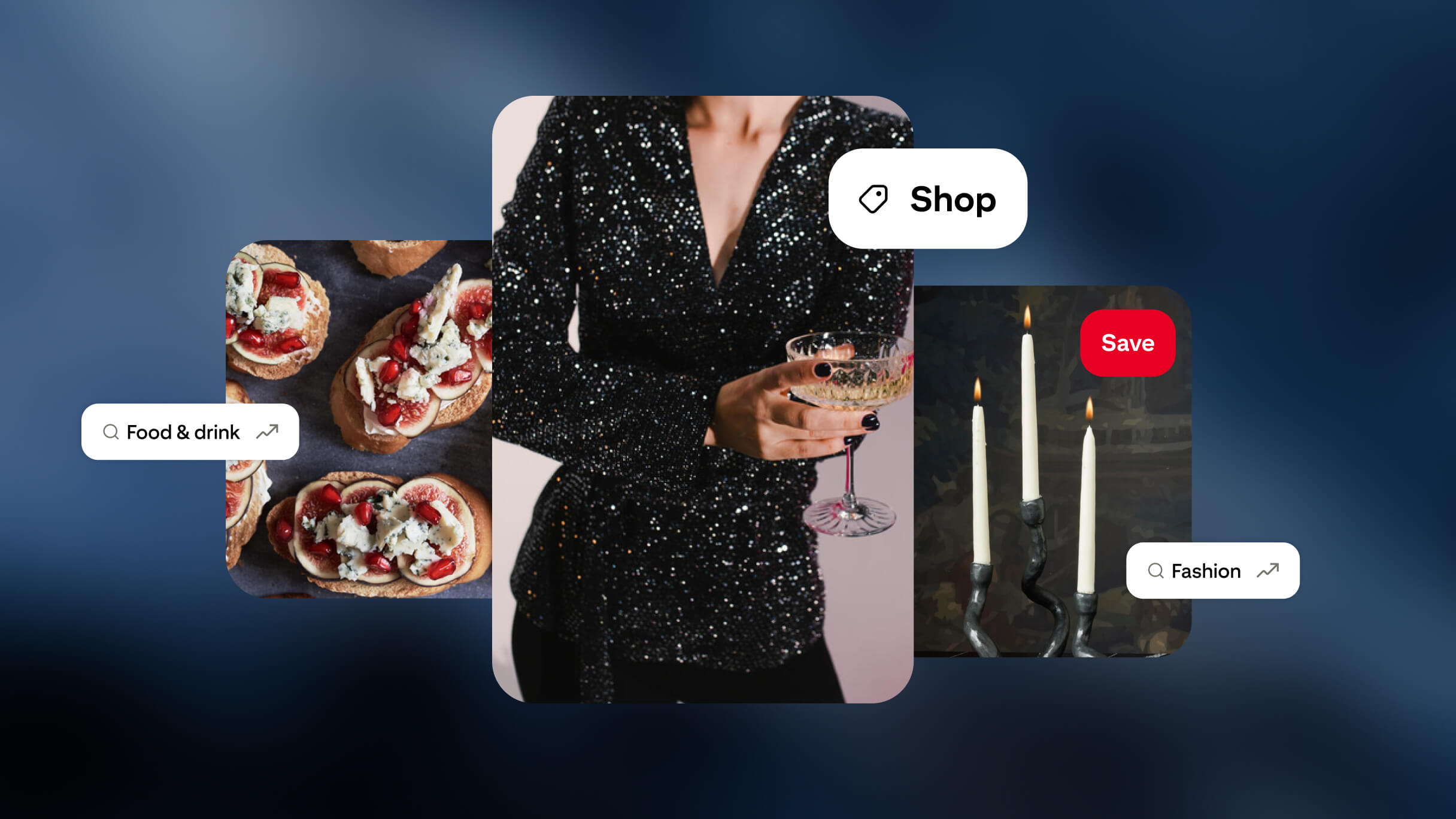 Images of a woman in a black sparkly outfit, three candles and starters, along with Shop and Save buttons and example search categories.