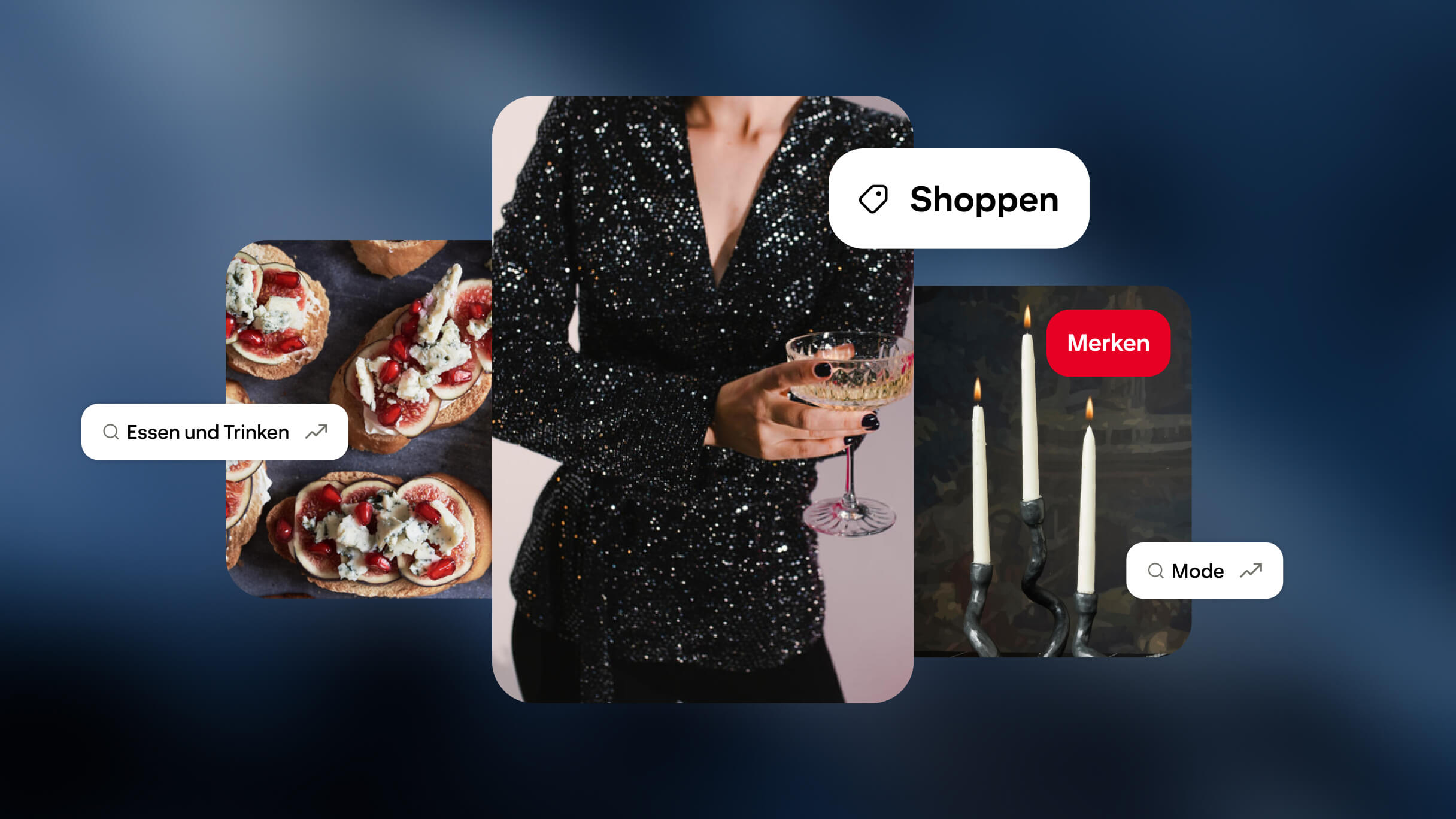 Bilder von einer Frau in einem schwarzen, glitzernden Outfit, drei Kerzen und Häppchen zusammen mit den Buttons „Shoppen“ und „Merken“ sowie Beispielen für Suchkategorien.