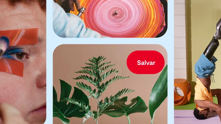 Close-up do feed inicial do Pinterest destacando Pins de diferentes hobbies e itens.