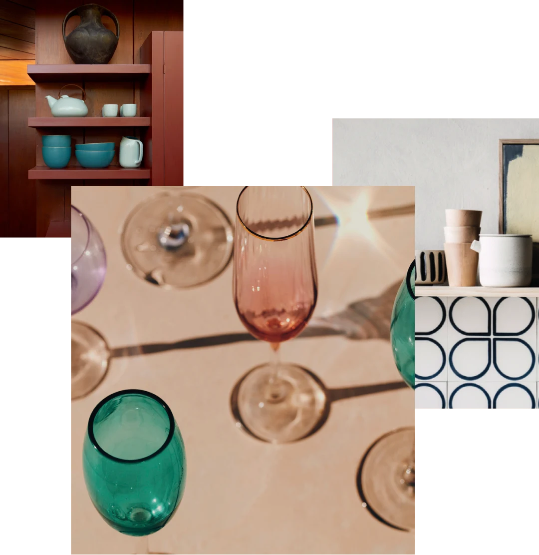 Image cluster featuring: mahogany shelving with colorful ceramic dishware, colored glassware staged in sunlight and ceramic dishes on a single shelf above geometric tiles. 